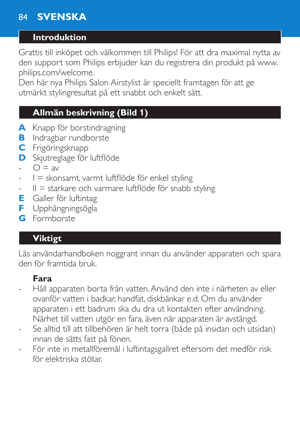 Fara, Svenska, Introduktion | Allmän beskrivning (bild 1), Viktigt | Philips Salon Airstylist Essential Brosse soufflante User Manual | Page 84 / 100