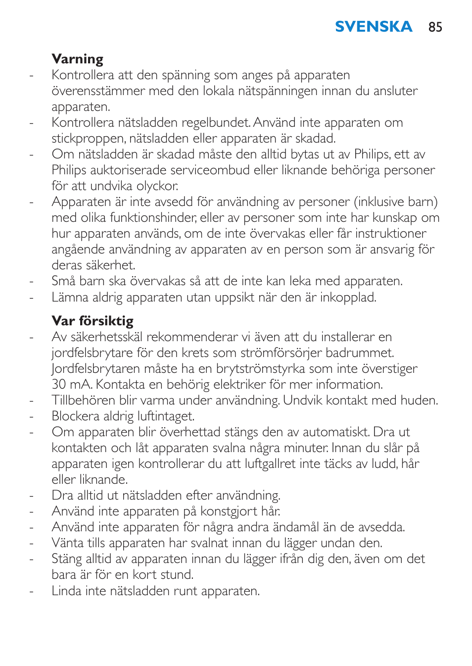 Varning, Var försiktig | Philips Salon Airstylist Essential Brosse soufflante User Manual | Page 85 / 100