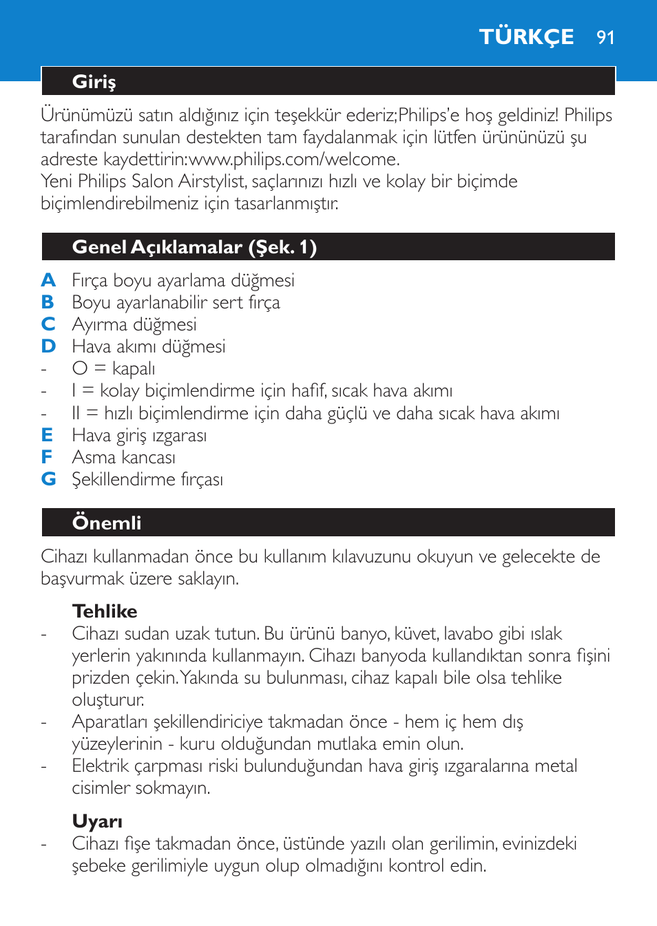 Tehlike, Uyarı, Türkçe | Giriş, Genel açıklamalar (şek. 1), Önemli | Philips Salon Airstylist Essential Brosse soufflante User Manual | Page 91 / 100