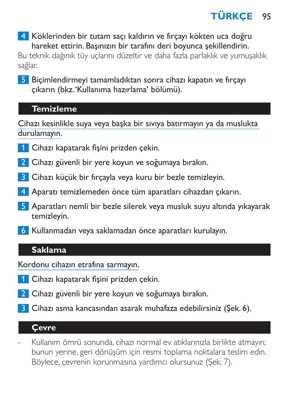 Temizleme, Saklama, Çevre | Philips Salon Airstylist Essential Brosse soufflante User Manual | Page 95 / 100