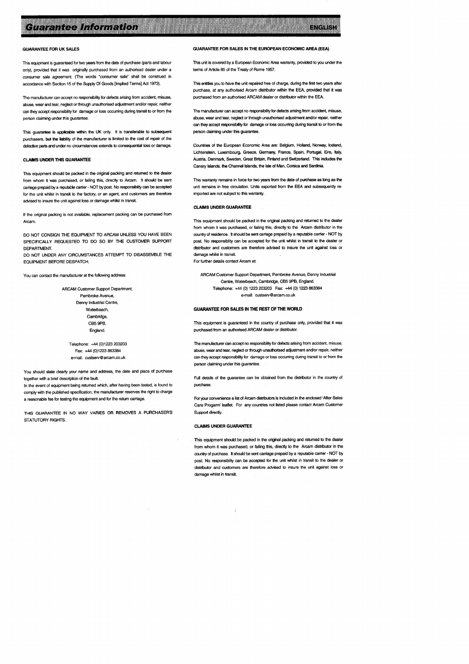 Guarantee information, English | Arcam ALPHA AV50 User Manual | Page 13 / 15