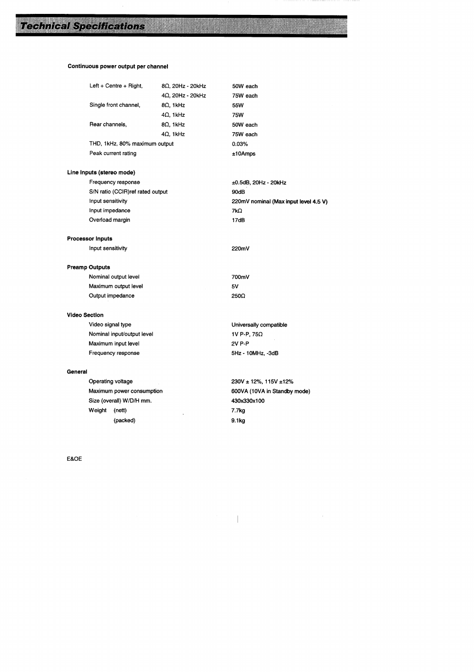 Technical specifications | Arcam ALPHA AV50 User Manual | Page 14 / 15