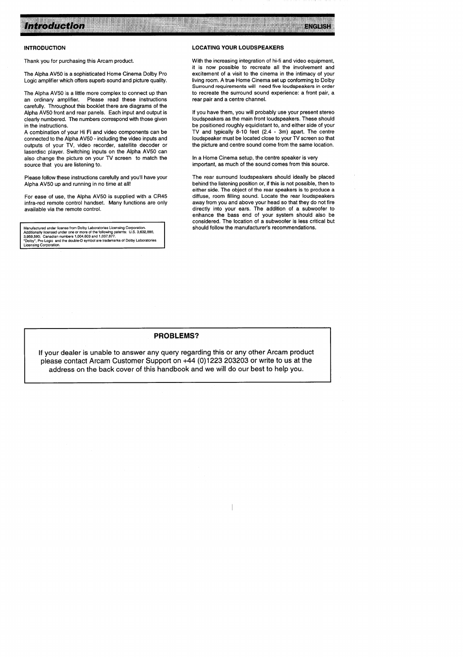 Locating your loudspeakers, Problems, Introduction | Arcam ALPHA AV50 User Manual | Page 4 / 15