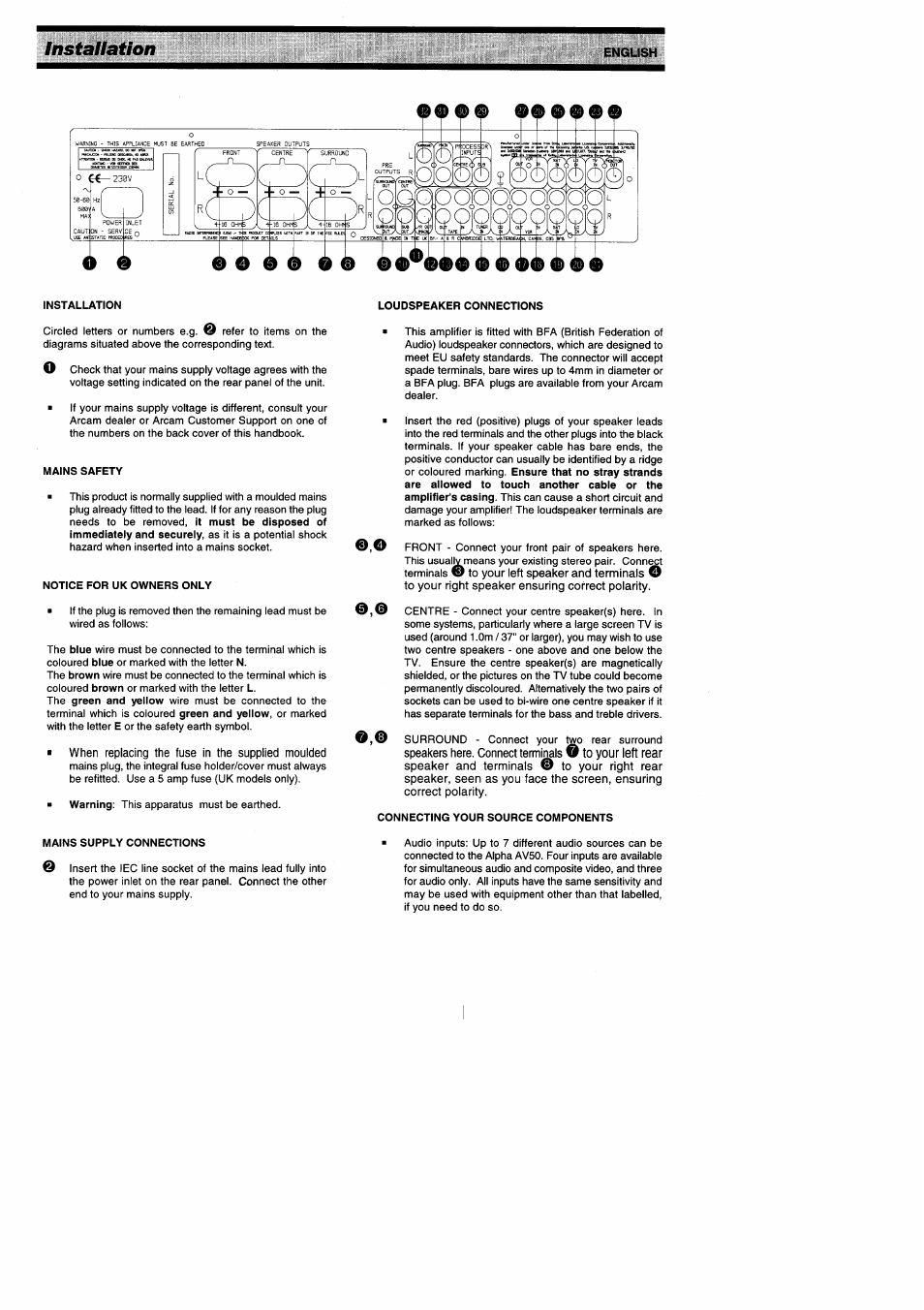 Installation, Mains safety, Notice for uk owners only | Loudspeaker connections, Connecting your source components, Mains supply connections | Arcam ALPHA AV50 User Manual | Page 5 / 15