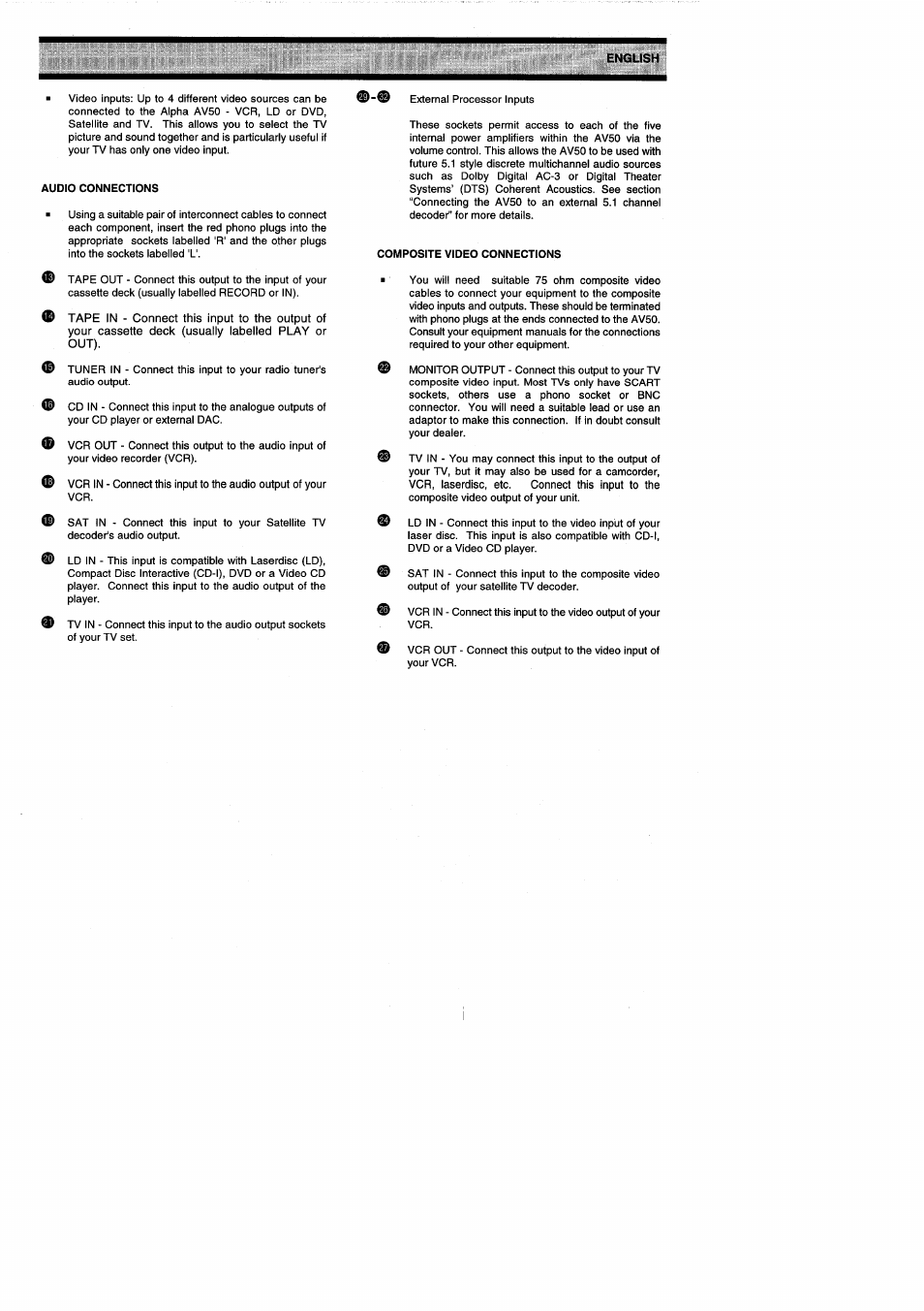 Audio connections, Composite video connections | Arcam ALPHA AV50 User Manual | Page 6 / 15