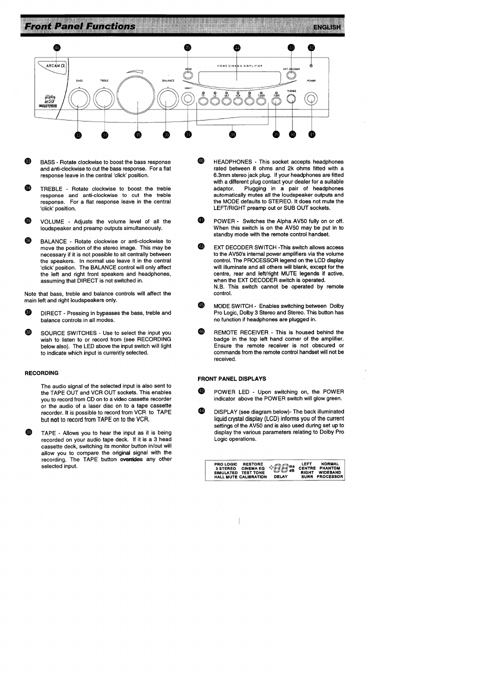 Recording, Front panel displays, Front panel functions | Arcam ALPHA AV50 User Manual | Page 7 / 15