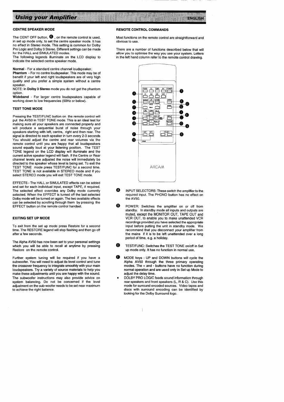 Centre speaker mode, Remote control commands, Test tone mode | Exiting set up mode, Using your amplifier | Arcam ALPHA AV50 User Manual | Page 9 / 15