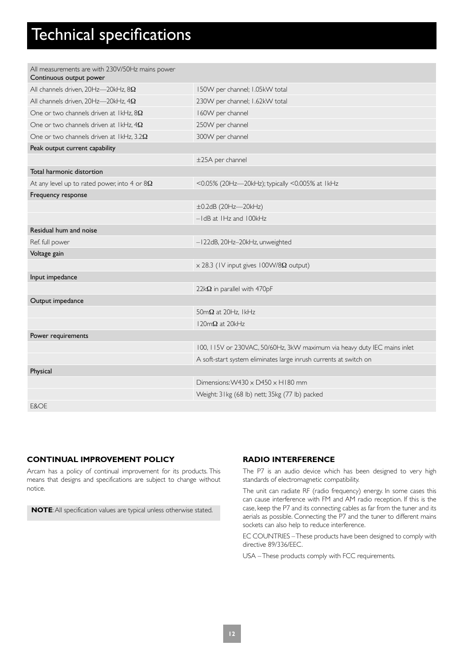 Technical specifications | Arcam Multichannel Power Amplifier User Manual | Page 12 / 52