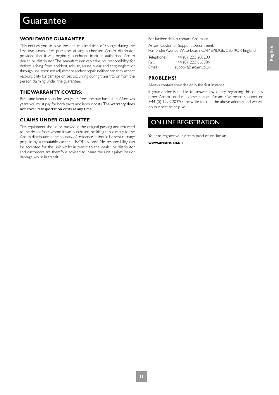 Guarantee, On line registration | Arcam Multichannel Power Amplifier User Manual | Page 13 / 52