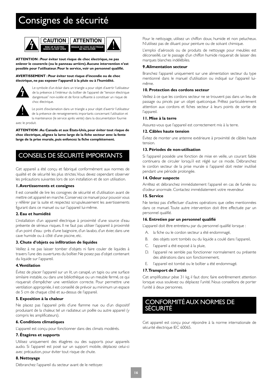 Consignes de sécurité, Conseils de sécurité importants, Conformité aux normes de sécurité | 16 conformité aux normes de sécurité | Arcam Multichannel Power Amplifier User Manual | Page 16 / 52