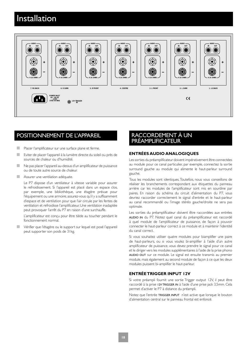 Installation, Positionnement de l’appareil, Raccordement à un préamplificateur | 18 raccordement à un préamplificateur, Entrées audio analogiques, Entrée trigger input 12v | Arcam Multichannel Power Amplifier User Manual | Page 18 / 52