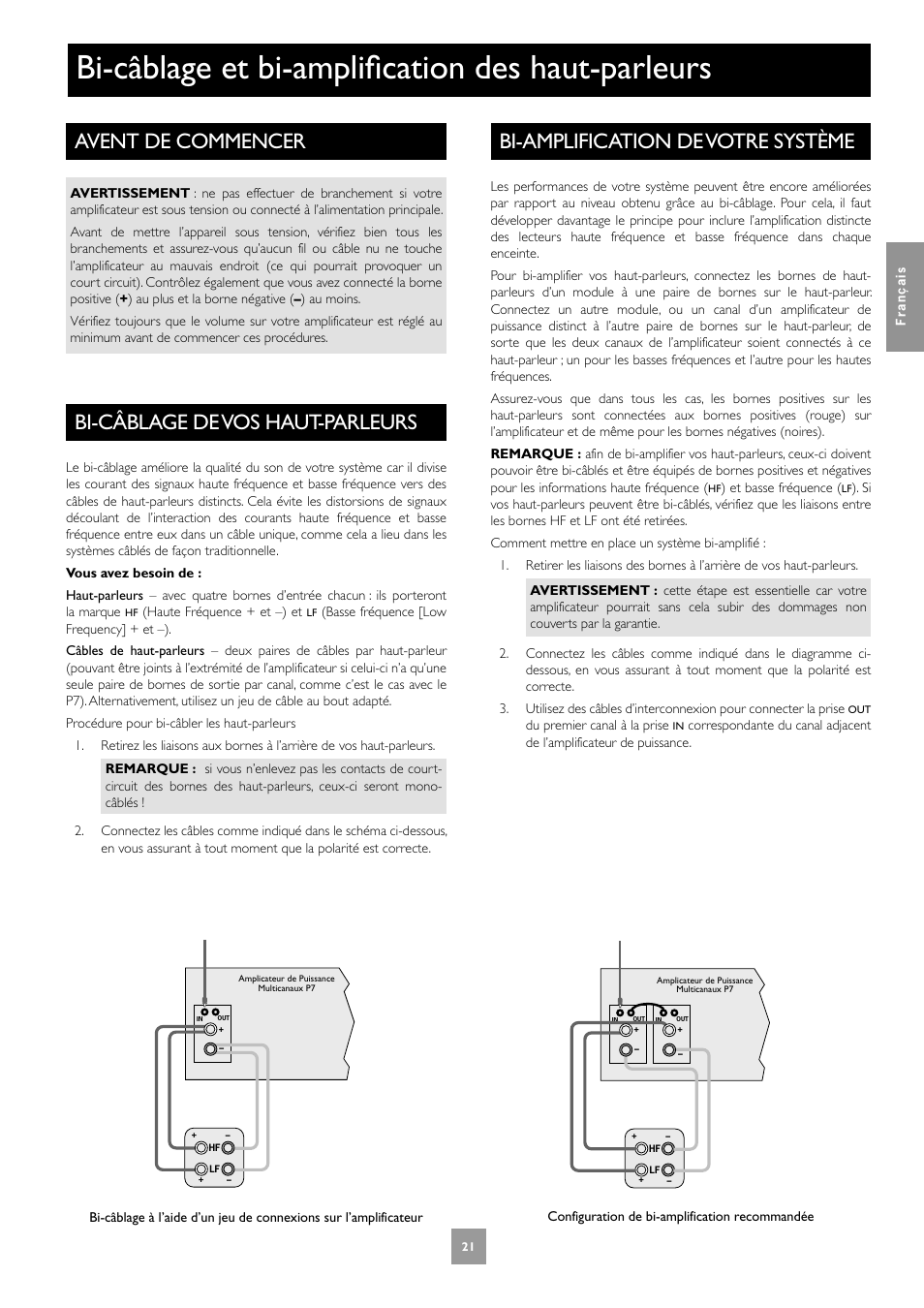 Avent de commencer, Bi-câblage de vos haut-parleurs, Bi-câblage et bi-amplification des haut-parleurs | Bi-amplification de votre système, 21 bi-câblage de vos haut-parleurs | Arcam Multichannel Power Amplifier User Manual | Page 21 / 52