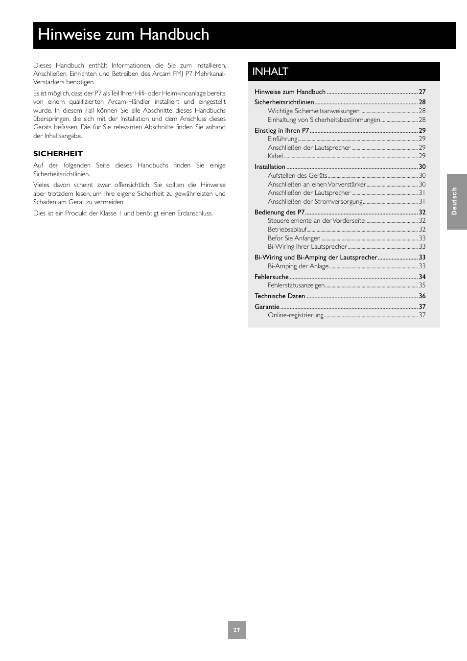 Hinweise zum handbuch, Inhalt | Arcam Multichannel Power Amplifier User Manual | Page 27 / 52