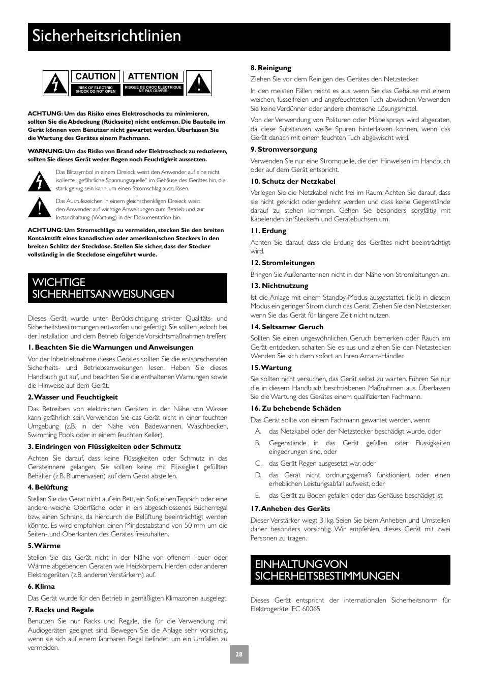 Sicherheitsrichtlinien, Wichtige sicherheitsanweisungen, Einhaltung von sicherheitsbestimmungen | 28 einhaltung von sicherheitsbestimmungen | Arcam Multichannel Power Amplifier User Manual | Page 28 / 52