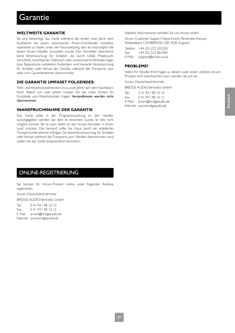 Garantie, Online-registrierung | Arcam Multichannel Power Amplifier User Manual | Page 37 / 52