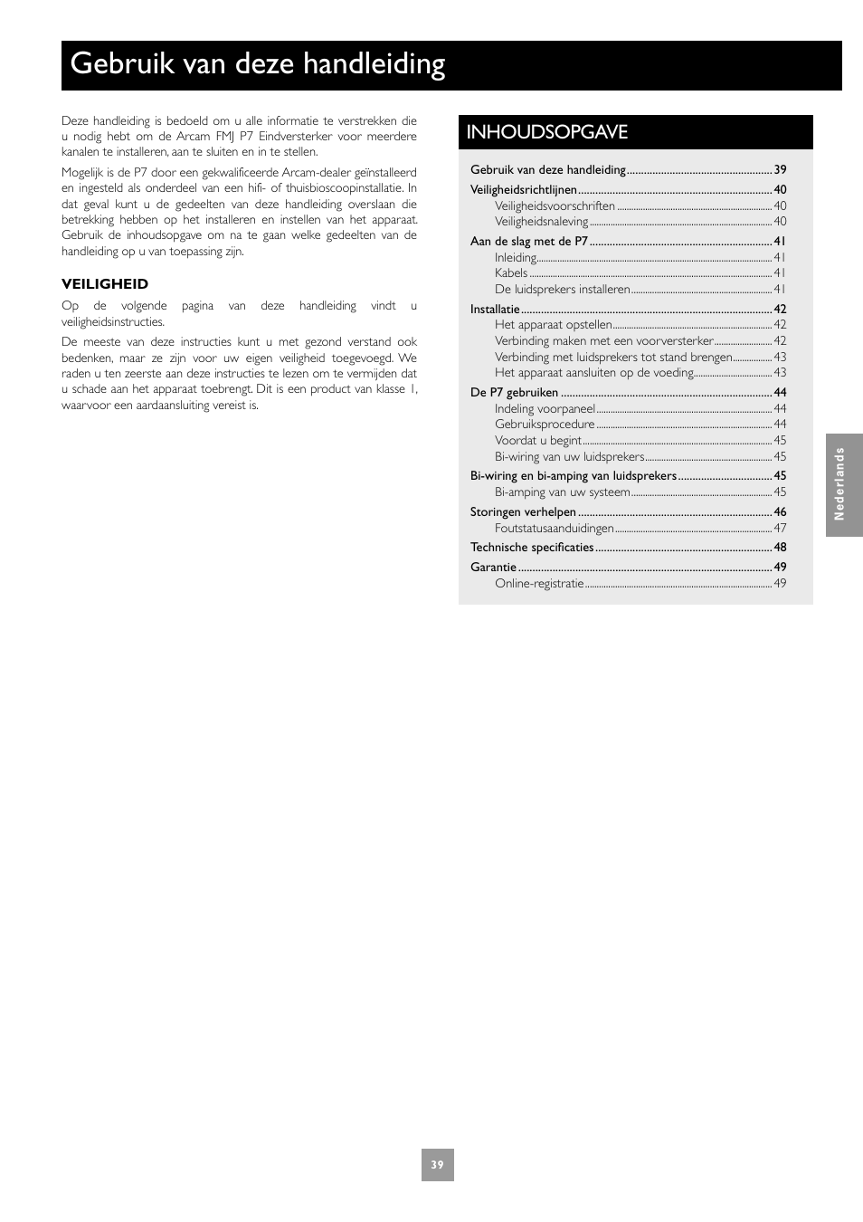 Gebruik van deze handleiding, Inhoudsopgave | Arcam Multichannel Power Amplifier User Manual | Page 39 / 52