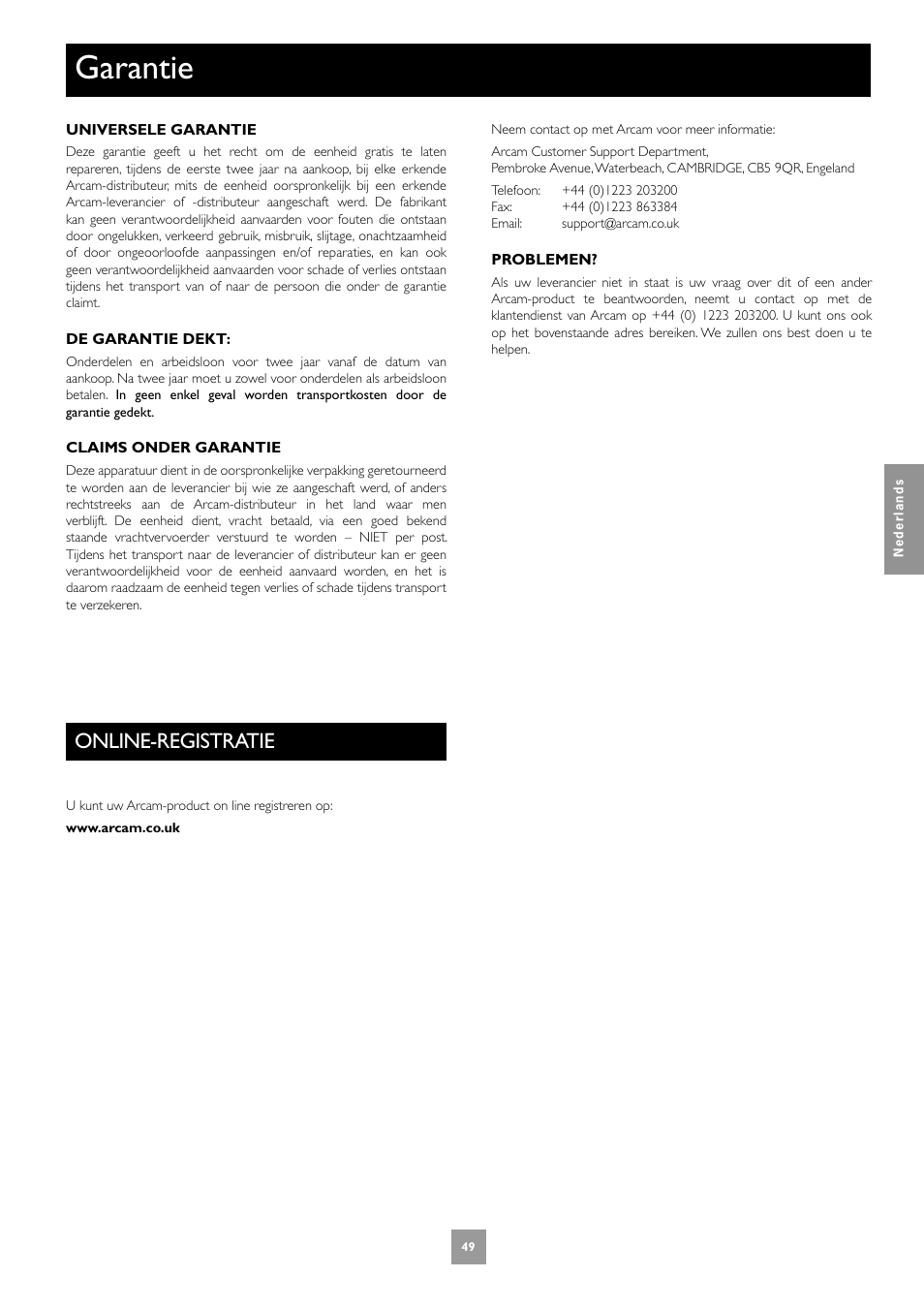 Garantie, Online-registratie | Arcam Multichannel Power Amplifier User Manual | Page 49 / 52