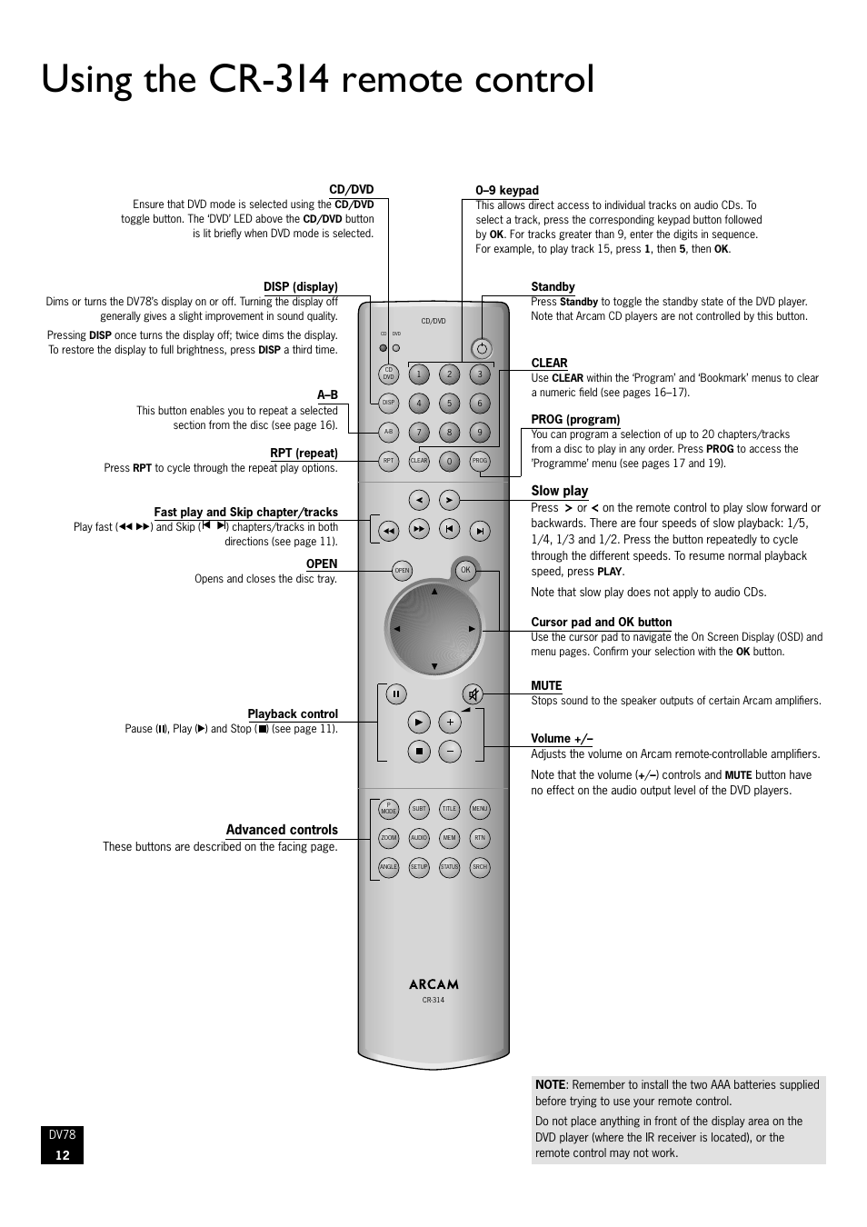 Using the cr-314 remote control | Arcam DVD Player DV78 User Manual | Page 12 / 24