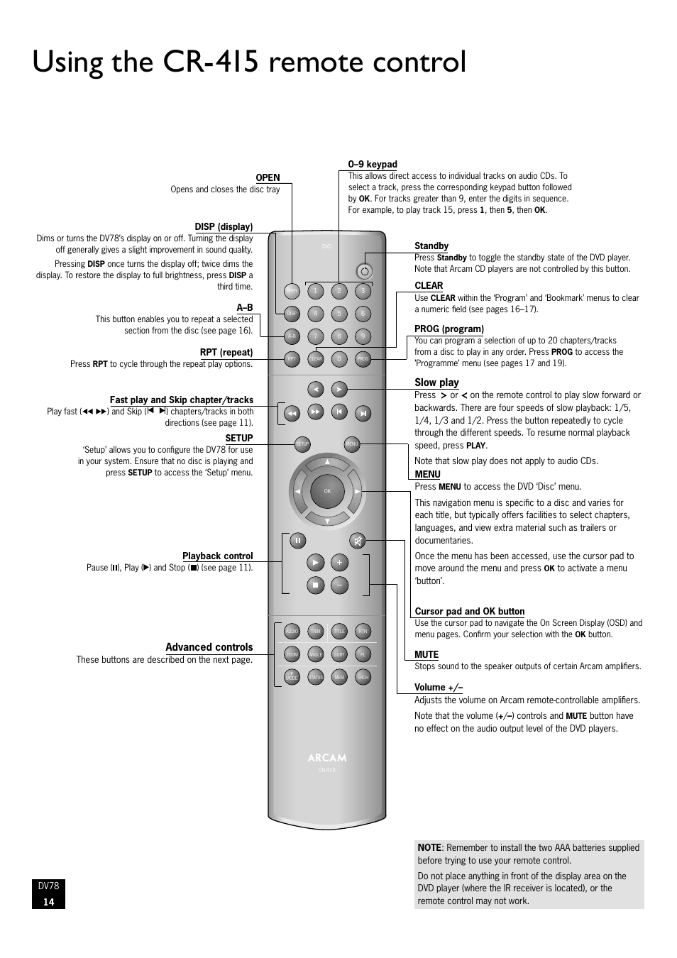 Using the cr-415 remote control | Arcam DVD Player DV78 User Manual | Page 14 / 24