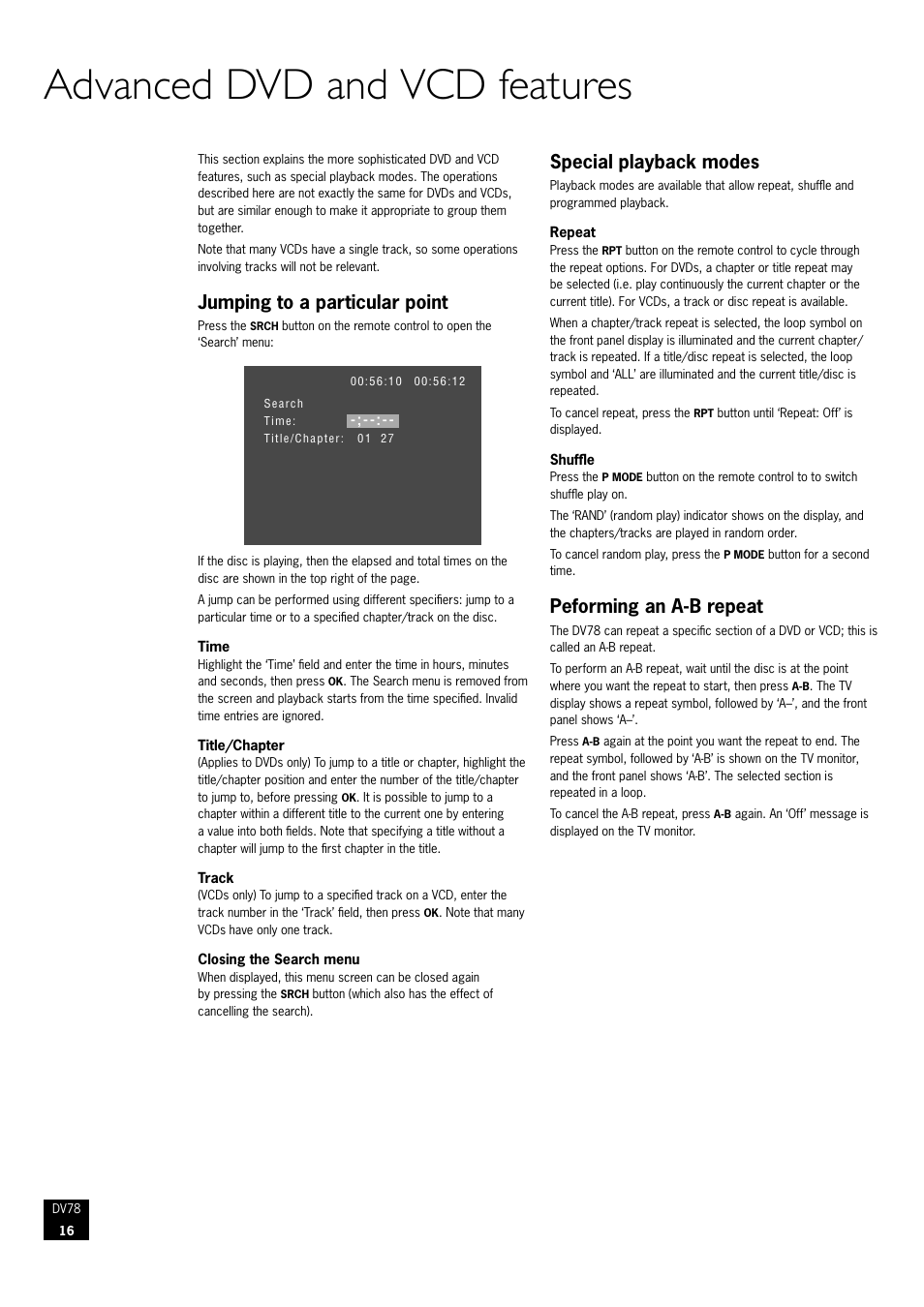 Advanced dvd and vcd features, Jumping to a particular point, Special playback modes | Peforming an a-b repeat | Arcam DVD Player DV78 User Manual | Page 16 / 24
