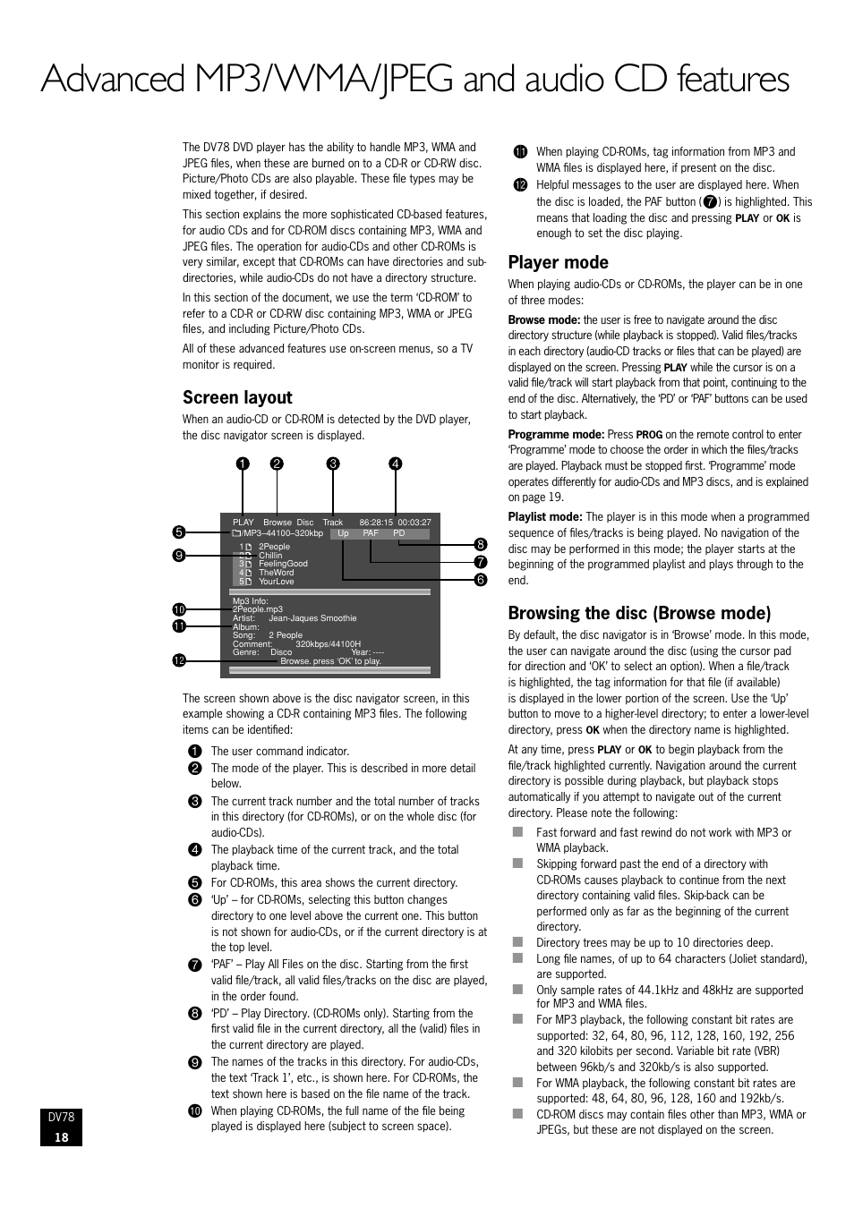 Advanced mp3/wma/jpeg and audio cd features, Screen layout, Player mode | Browsing the disc (browse mode) | Arcam DVD Player DV78 User Manual | Page 18 / 24
