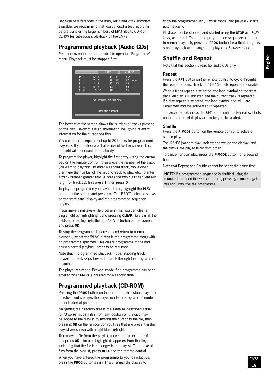 Programmed playback (audio cds), Programmed playback (cd-rom), Shuffle and repeat | Arcam DVD Player DV78 User Manual | Page 19 / 24