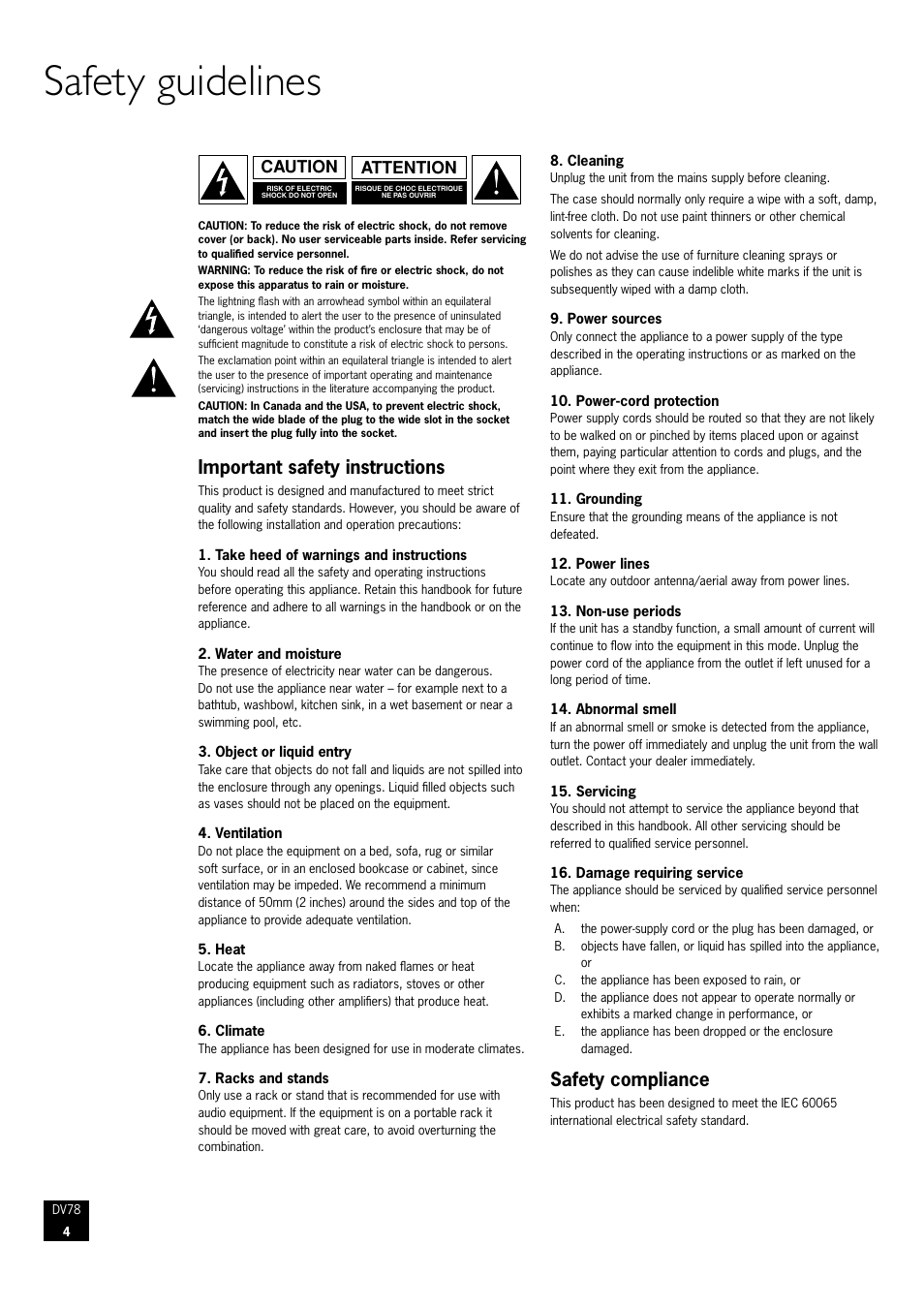 Safety guidelines, Important safety instructions, Safety compliance | Attention caution | Arcam DVD Player DV78 User Manual | Page 4 / 24