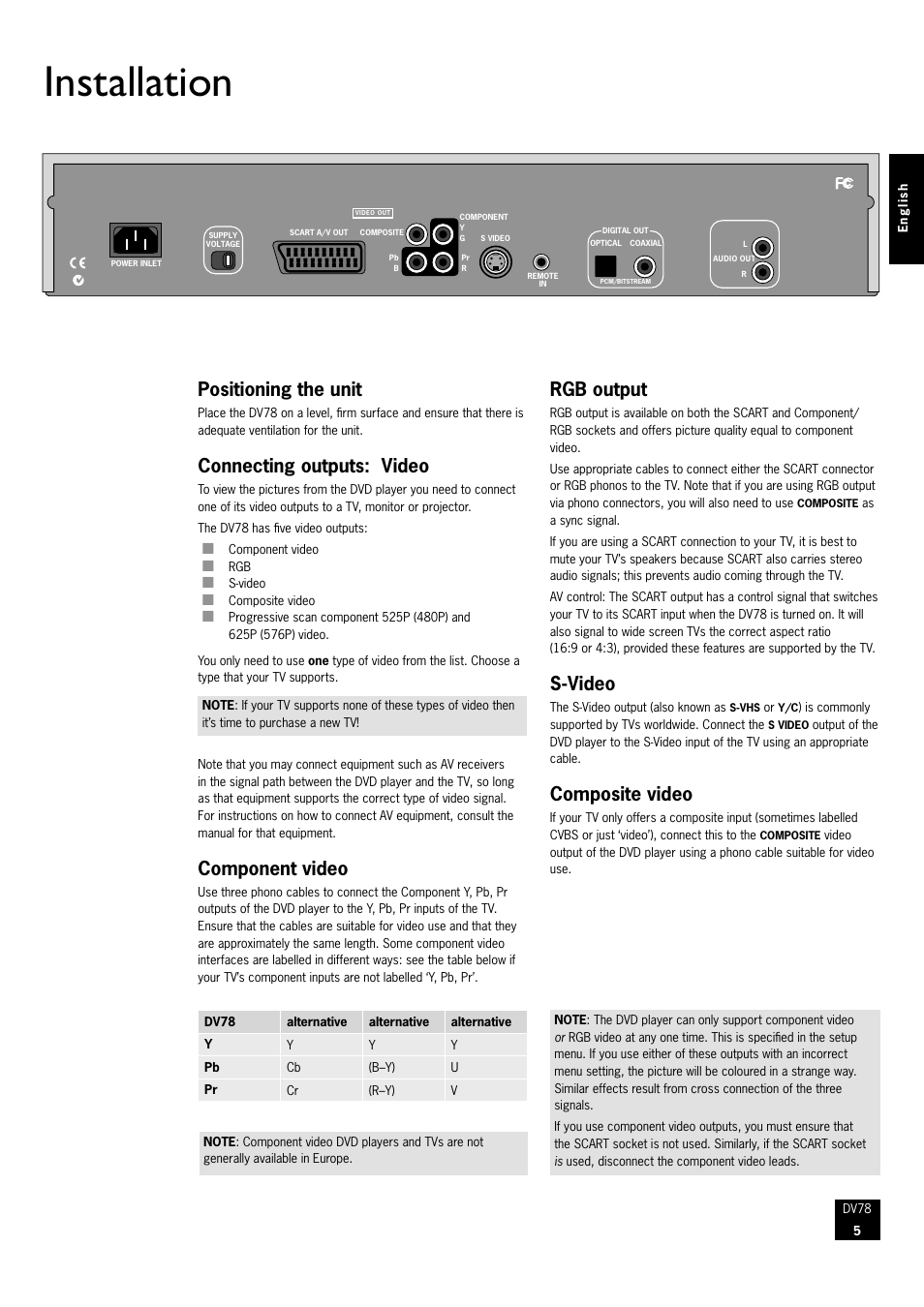 Installation, Positioning the unit, Connecting outputs: video | Component video, Rgb output, S-video, Composite video | Arcam DVD Player DV78 User Manual | Page 5 / 24