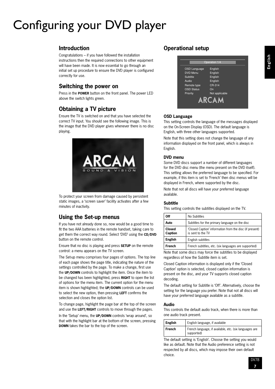 Configuring your dvd player, Introduction, Switching the power on | Obtaining a tv picture, Using the set-up menus, Operational setup | Arcam DVD Player DV78 User Manual | Page 7 / 24