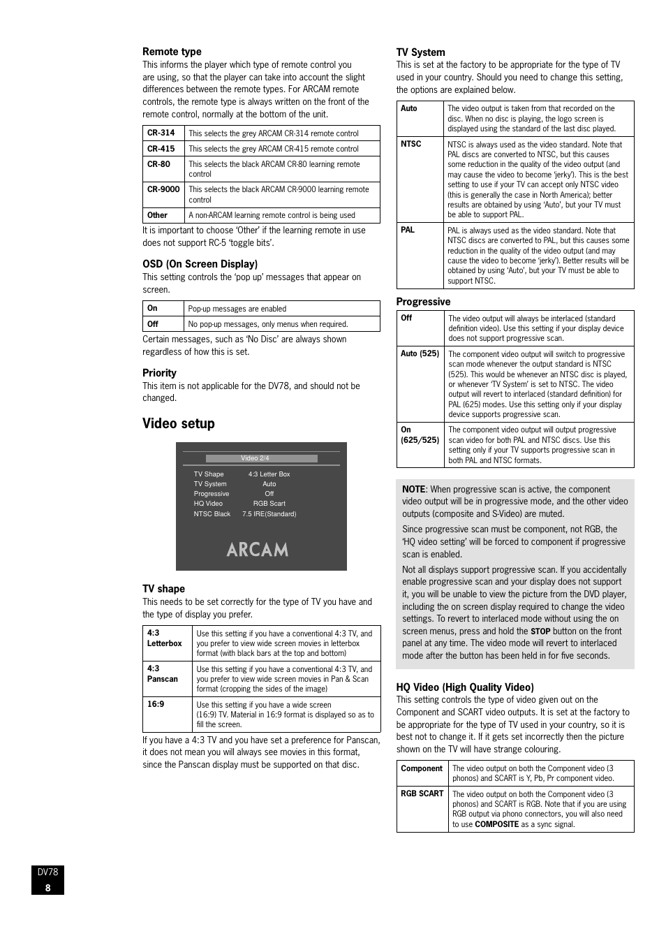 Video setup | Arcam DVD Player DV78 User Manual | Page 8 / 24