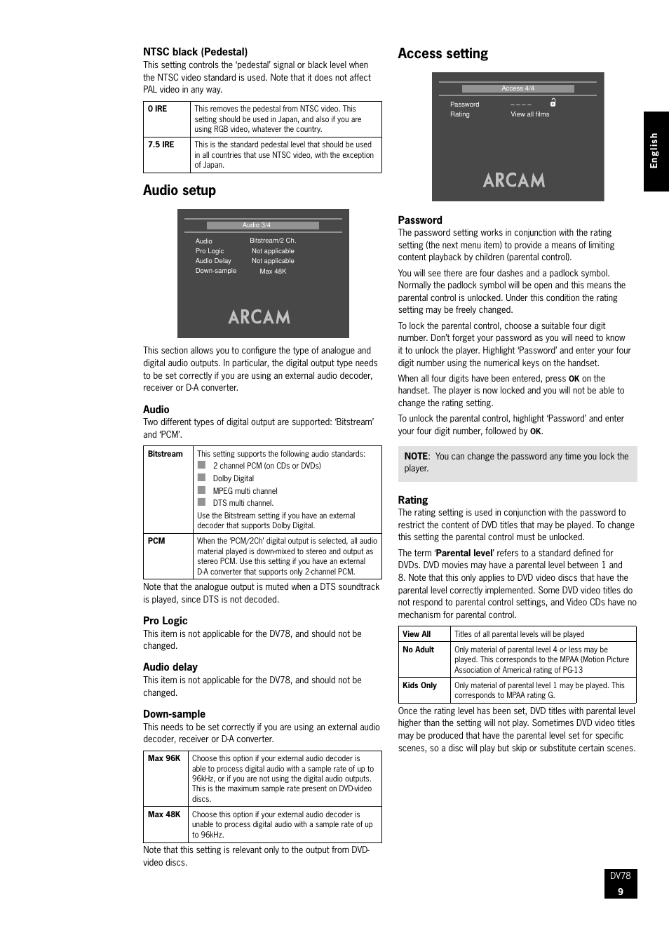 Access setting, Audio setup | Arcam DVD Player DV78 User Manual | Page 9 / 24