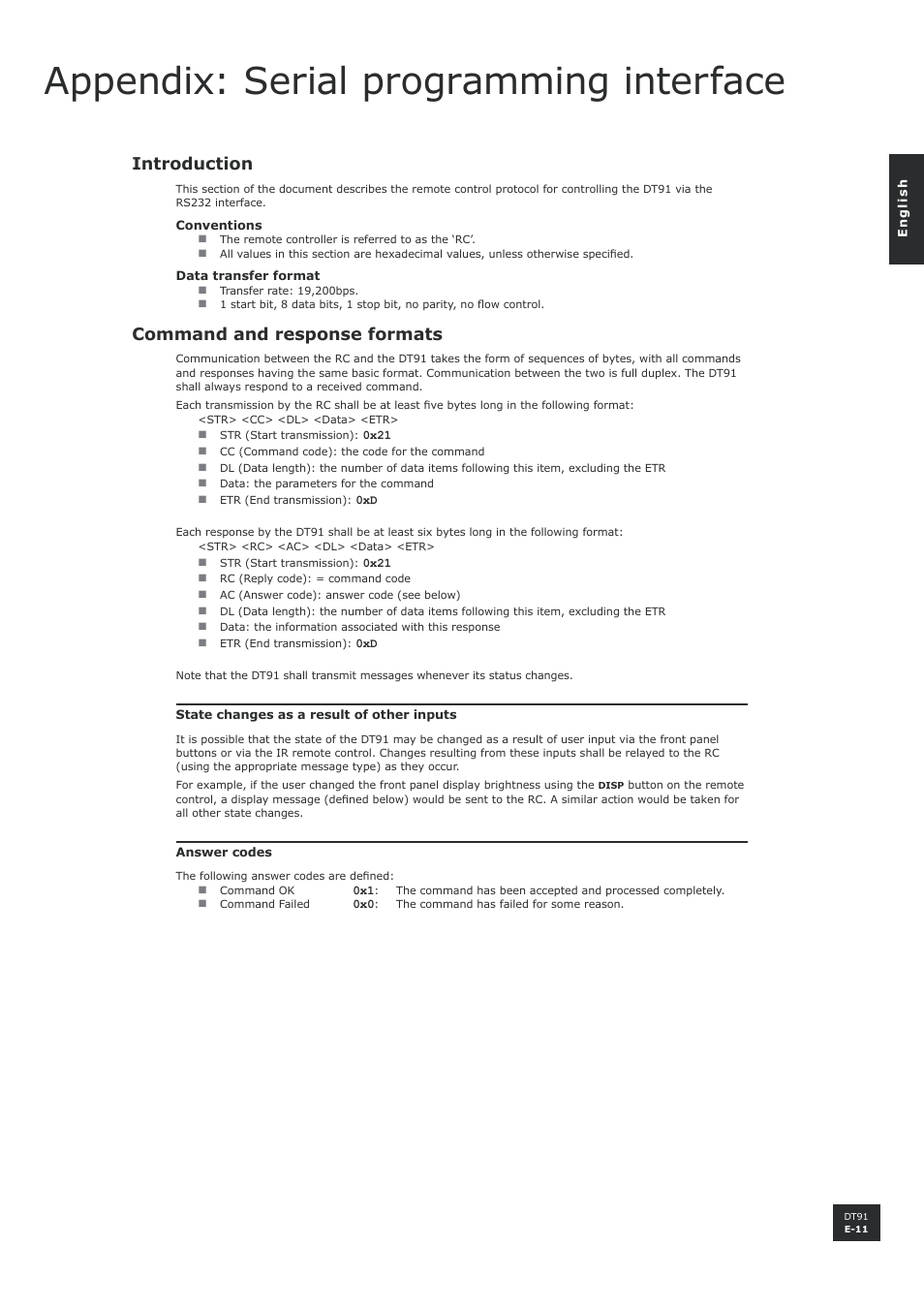 Appendix: serial programming interface, Introduction, Command and response formats | E-11, E-11 command and response formats | Arcam DT91 User Manual | Page 11 / 52