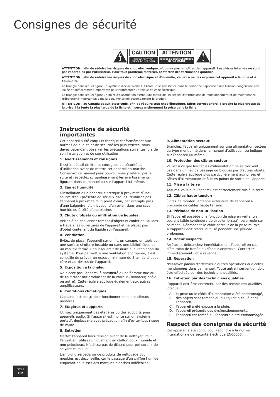 Consignes de sécurité, Instructions de sécurité importantes, Respect des consignes de sécurité | Attention caution | Arcam DT91 User Manual | Page 18 / 52