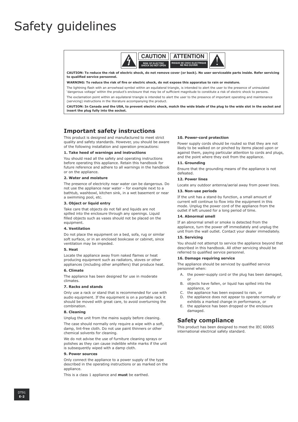 Safety guidelines, Important safety instructions, Safety compliance | Attention caution | Arcam DT91 User Manual | Page 2 / 52