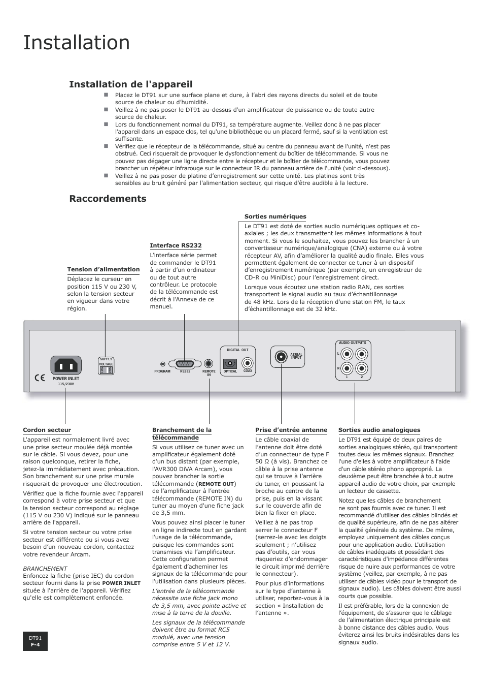 Installation, Installation de l'appareil, Raccordements | F-4 raccordements | Arcam DT91 User Manual | Page 20 / 52