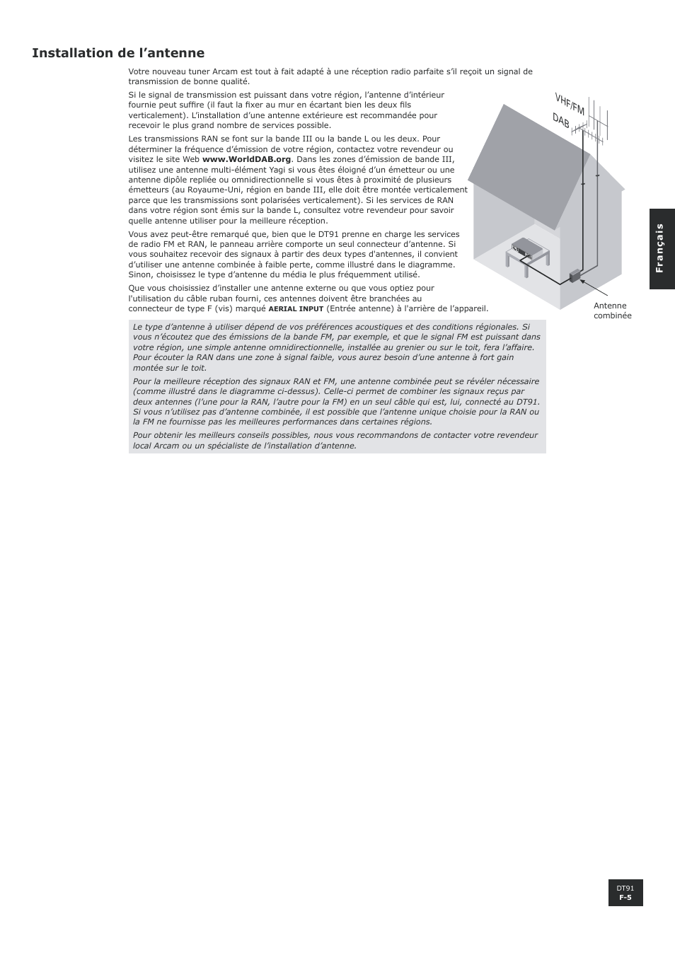 Installation de l’antenne | Arcam DT91 User Manual | Page 21 / 52