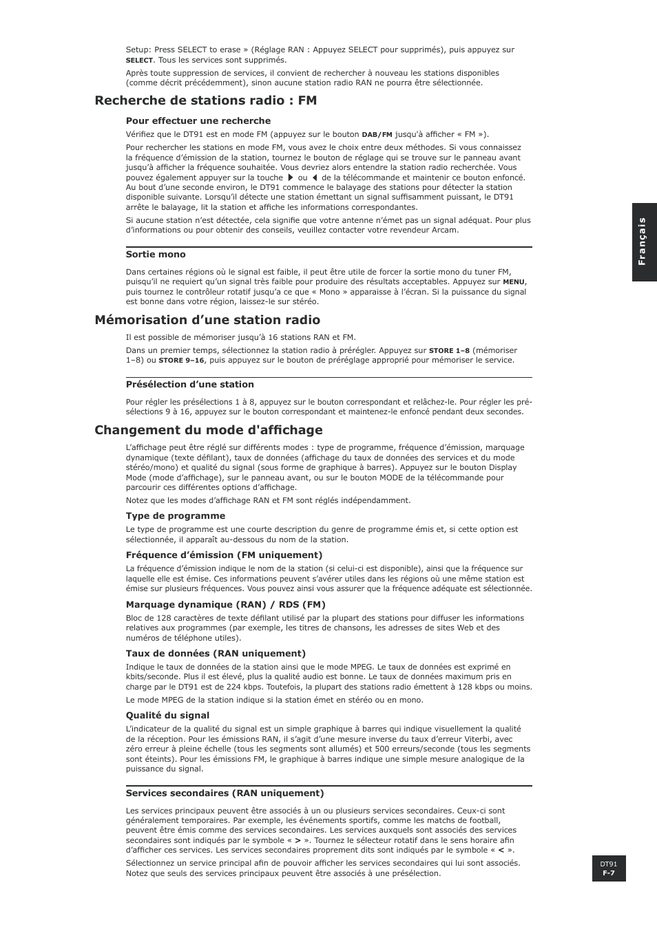 Recherche de stations radio : fm, Mémorisation d’une station radio, Changement du mode d'affichage | F-7 mémorisation d’une station radio, F-7 changement du mode d'affichage | Arcam DT91 User Manual | Page 23 / 52