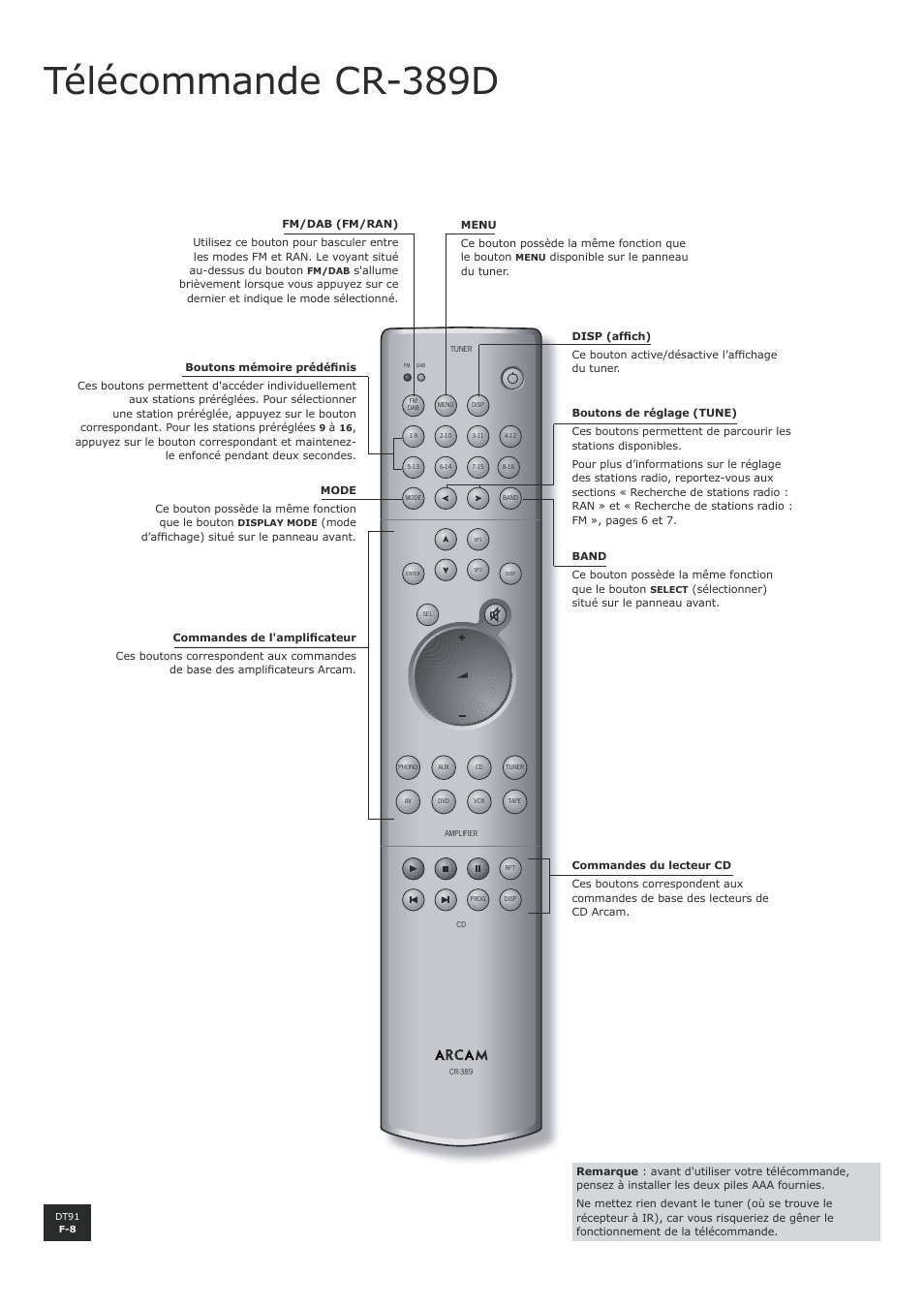 Télécommande cr-389d | Arcam DT91 User Manual | Page 24 / 52