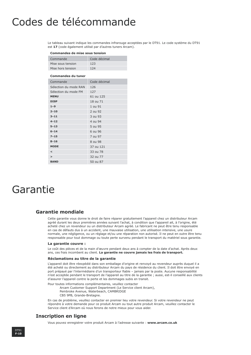 Codes de télécommande, Garantie, Garantie mondiale | F-10, Inscription en ligne | Arcam DT91 User Manual | Page 26 / 52