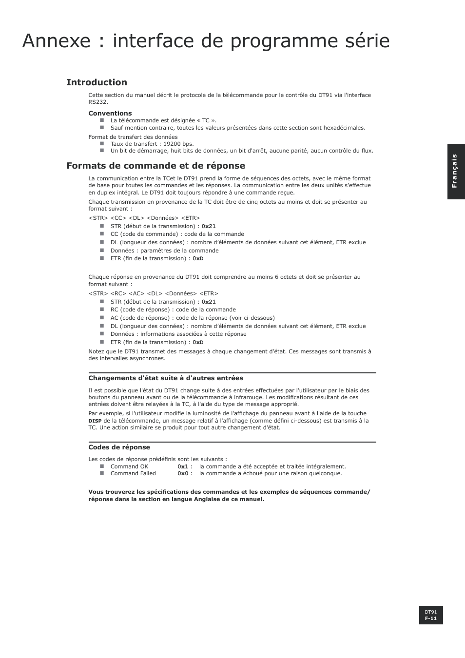 Annexe : interface de programme série, Introduction, Formats de commande et de réponse | F-11, F-11 formats de commande et de réponse | Arcam DT91 User Manual | Page 27 / 52