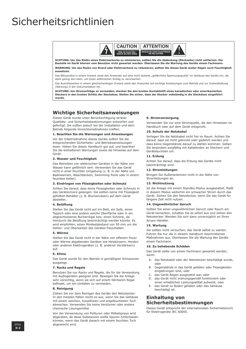 Sicherheitsrichtlinien, Wichtige sicherheitsanweisungen, Einhaltung von sicherheitsbestimmungen | Attention caution | Arcam DT91 User Manual | Page 30 / 52