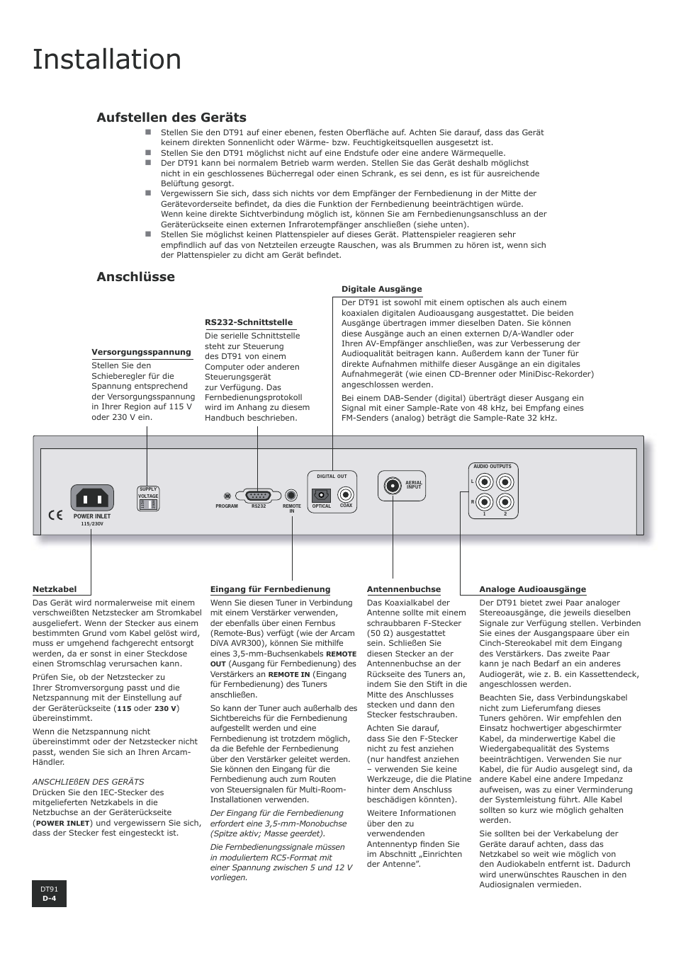 Installation, Aufstellen des geräts, Anschlüsse | Arcam DT91 User Manual | Page 32 / 52