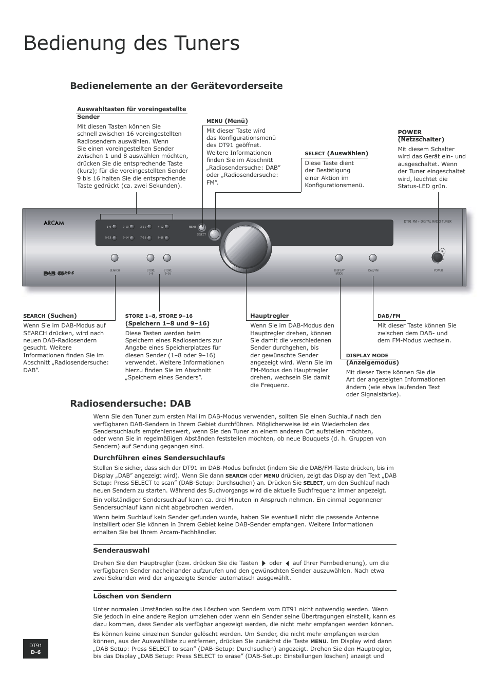 Bedienung des tuners, Bedienelemente an der gerätevorderseite, Radiosendersuche: dab | Arcam DT91 User Manual | Page 34 / 52