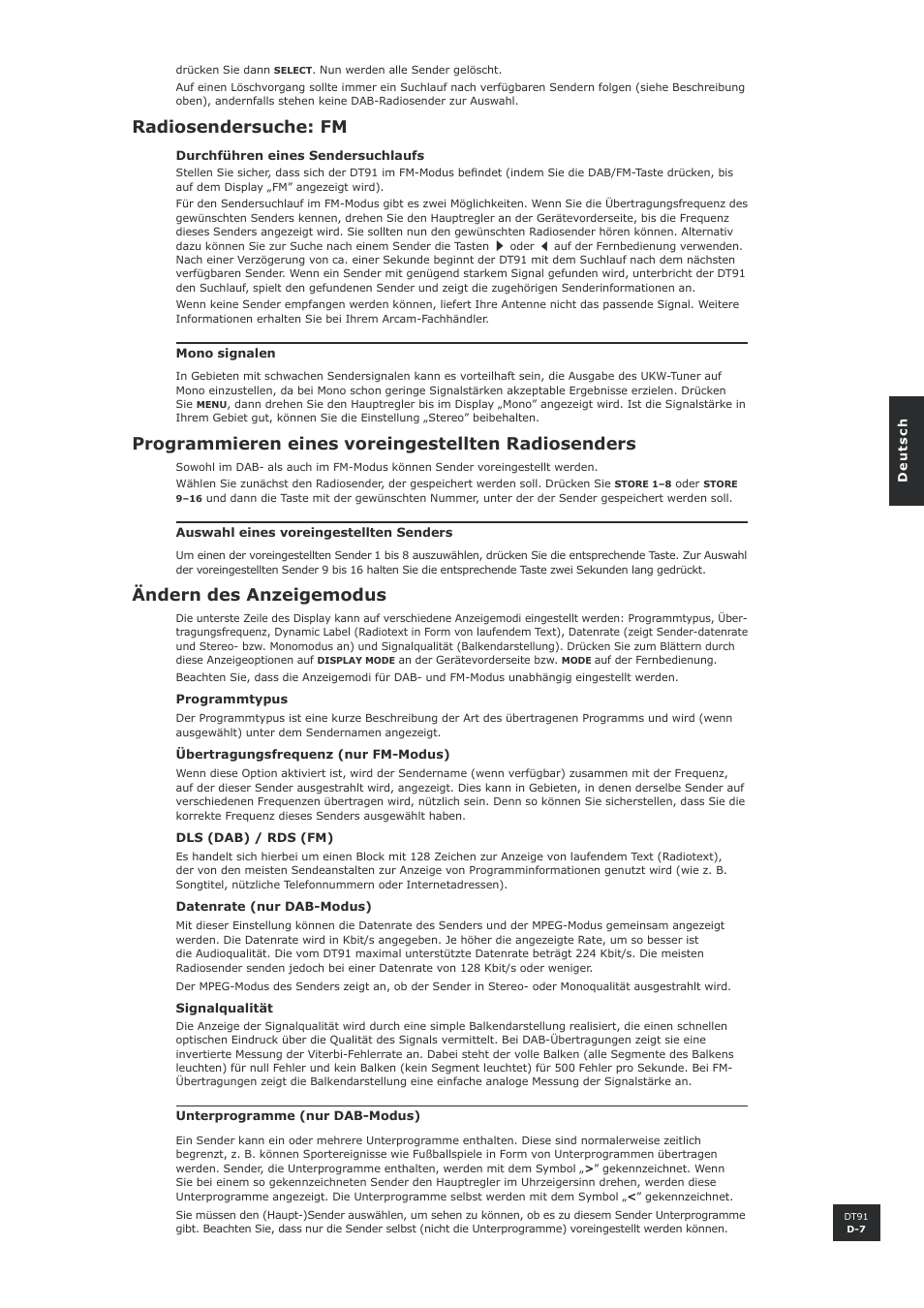 Radiosendersuche: fm, Programmieren eines voreingestellten radiosenders, Ändern des anzeigemodus | Arcam DT91 User Manual | Page 35 / 52