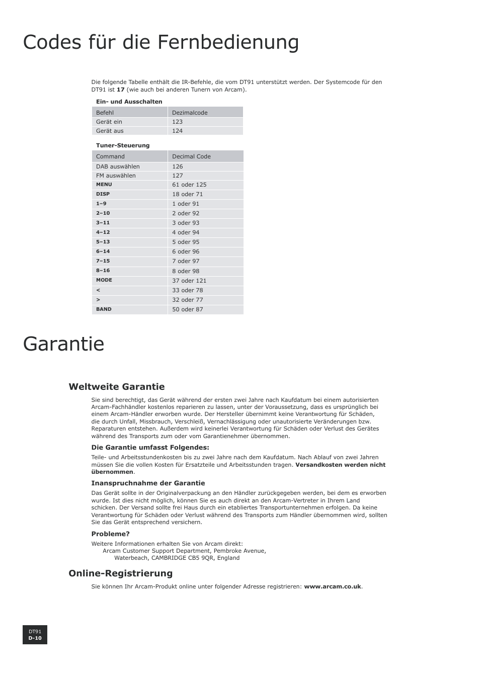 Codes für die fernbedienung, Garantie, Weltweite garantie | Online-registrierung, D-10, D-10 online-registrierung | Arcam DT91 User Manual | Page 38 / 52