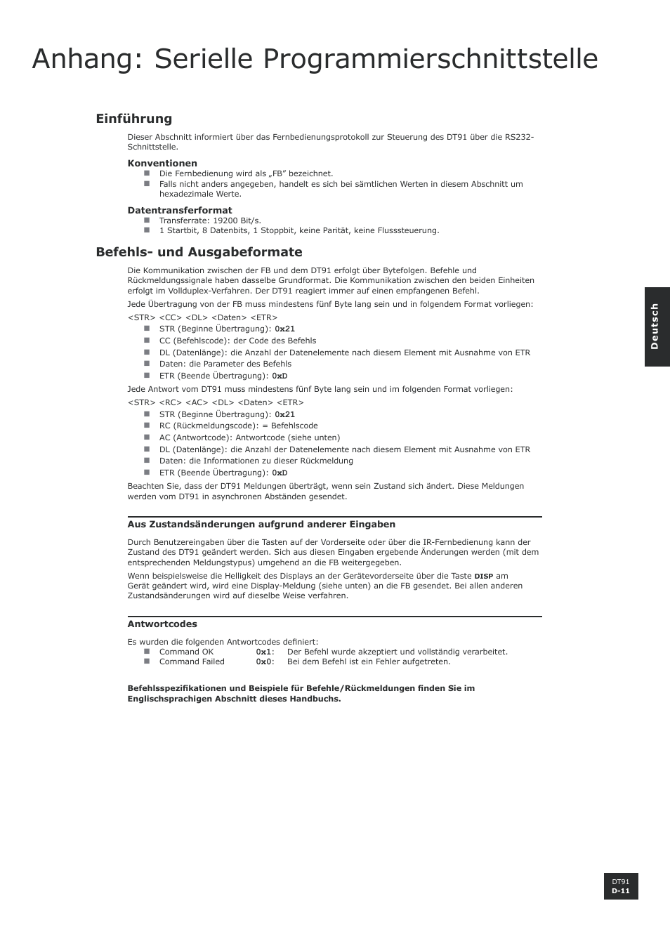 Anhang: serielle programmierschnittstelle, Einführung, Befehls- und ausgabeformate | D-11, D-11 befehls- und ausgabeformate | Arcam DT91 User Manual | Page 39 / 52