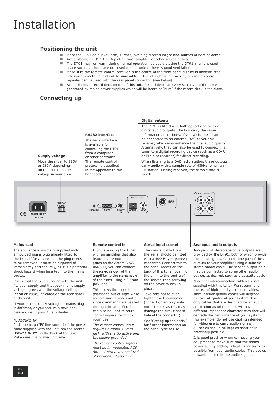 Positioning the unit, Connecting up, Installation | E-4 connecting up | Arcam DT91 User Manual | Page 4 / 52