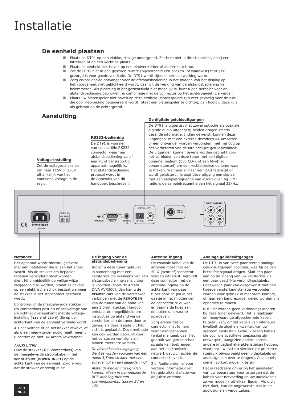 Installatie, De eenheid plaatsen, Aansluiting | Nl-4, Nl-4 aansluiting | Arcam DT91 User Manual | Page 44 / 52