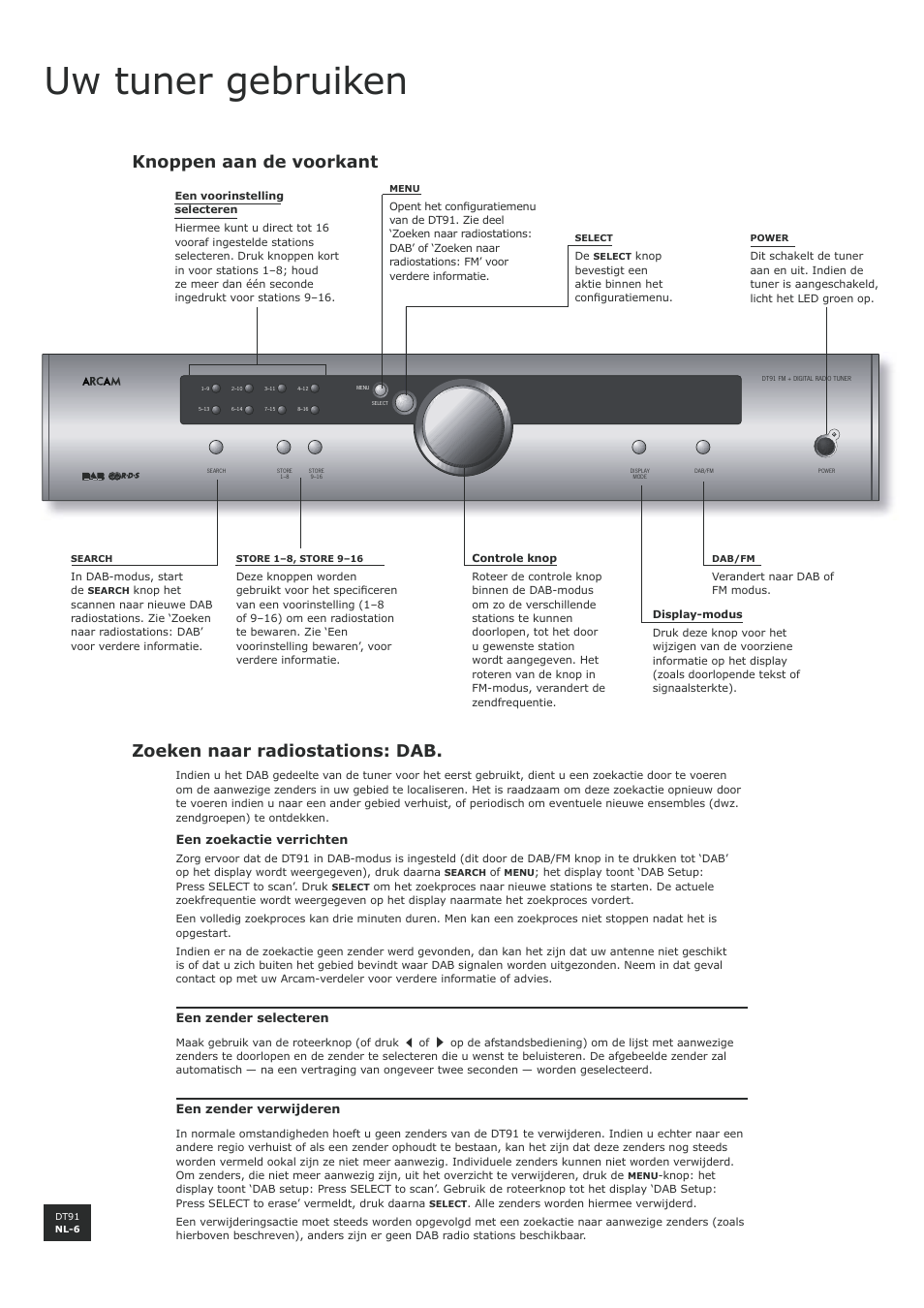 Uw tuner gebruiken, Knoppen aan de voorkant, Zoeken naar radiostations: dab | Nl-6, Nl-6 zoeken naar radiostations: dab | Arcam DT91 User Manual | Page 46 / 52