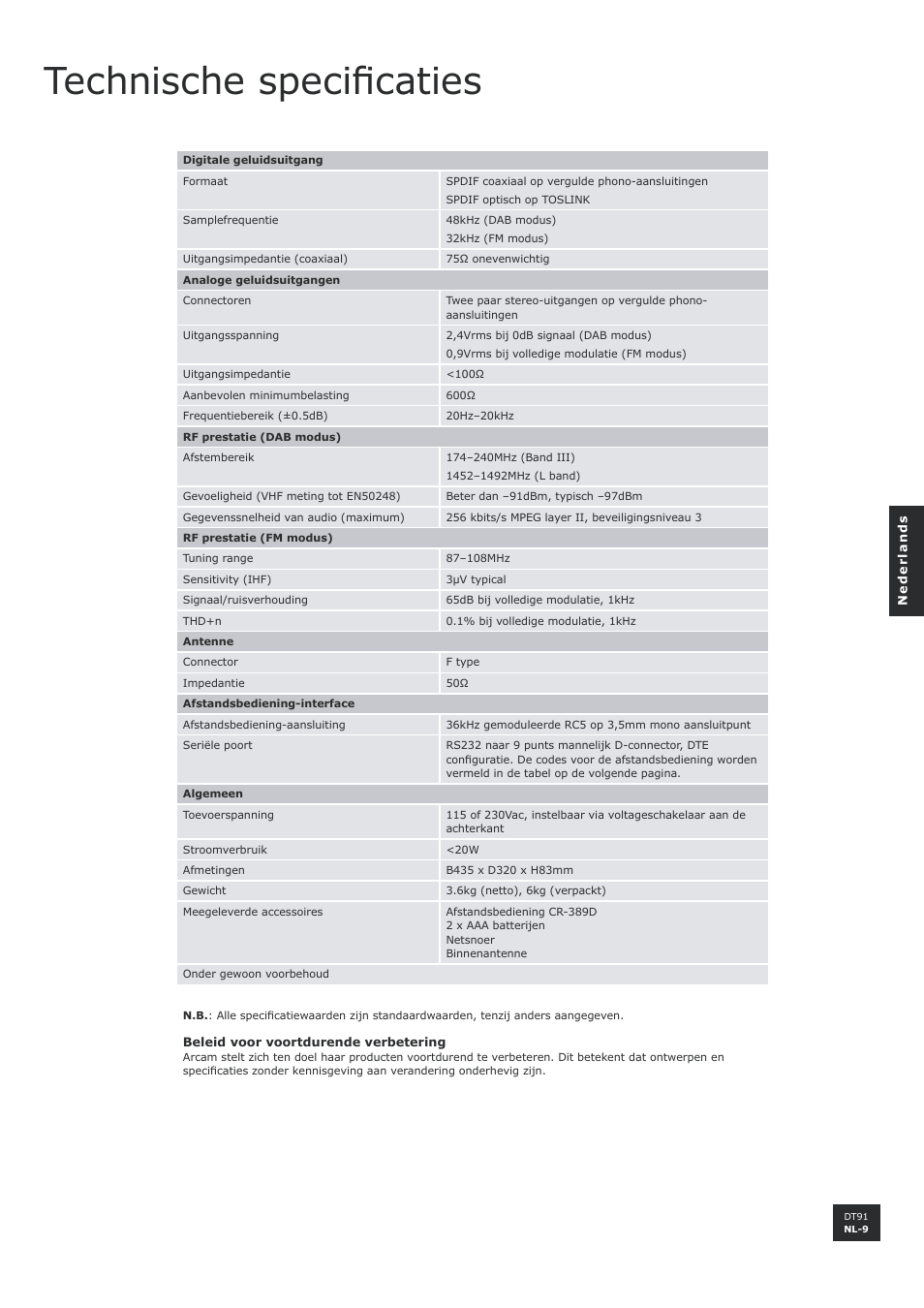 Technische specificaties, Nl-9 | Arcam DT91 User Manual | Page 49 / 52